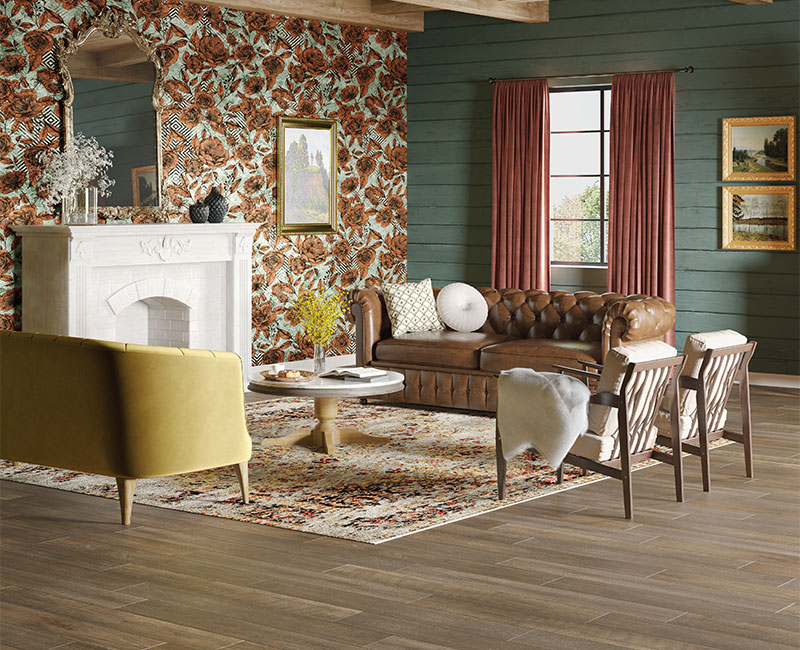 rustic vinyl plank flooring in living room with rustic decor